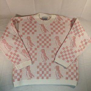 Vintage Lannie Penguin Checkered Knit Sweater Pink White Long Sleeve Womens SM S